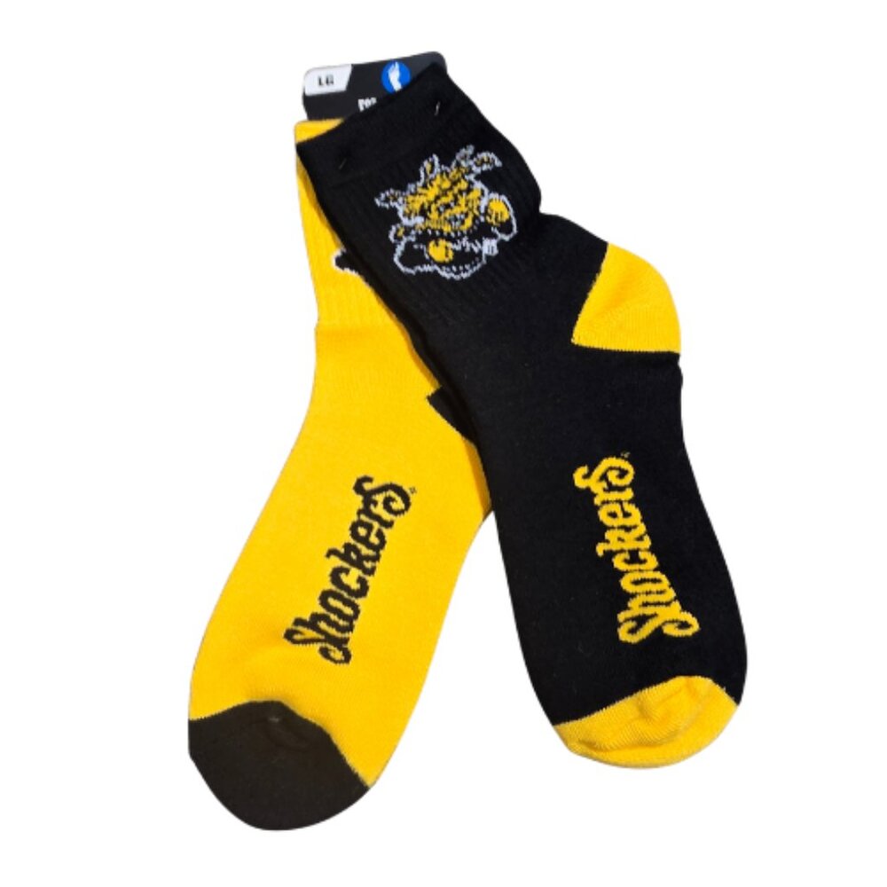 New | Wichita State University Shockers Crew Socks | Yellow & Black | Large